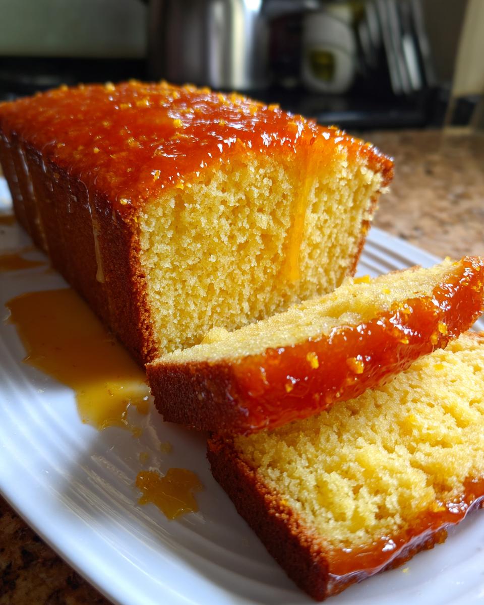 Close-up of a moist orange juice cake loaf, sliced, showing the crumb texture and thick, dripping orange glaze.