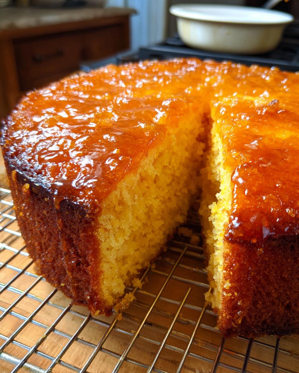 A round orange juice cake with a slice removed, featuring a shiny, thick orange glaze on top, cooling on a wire rack.