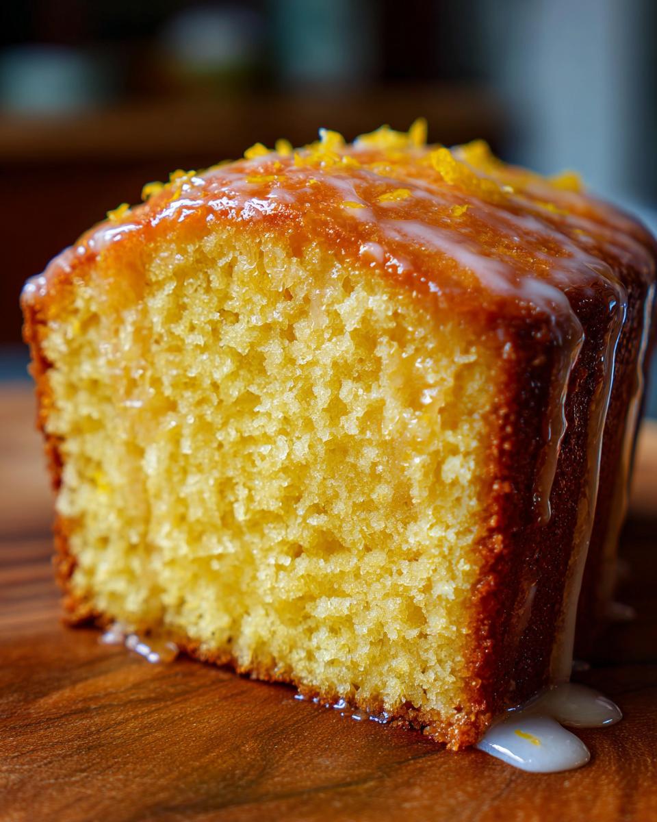 Close-up of a moist slice of orange juice cake with a thick, dripping citrus glaze and zest topping.