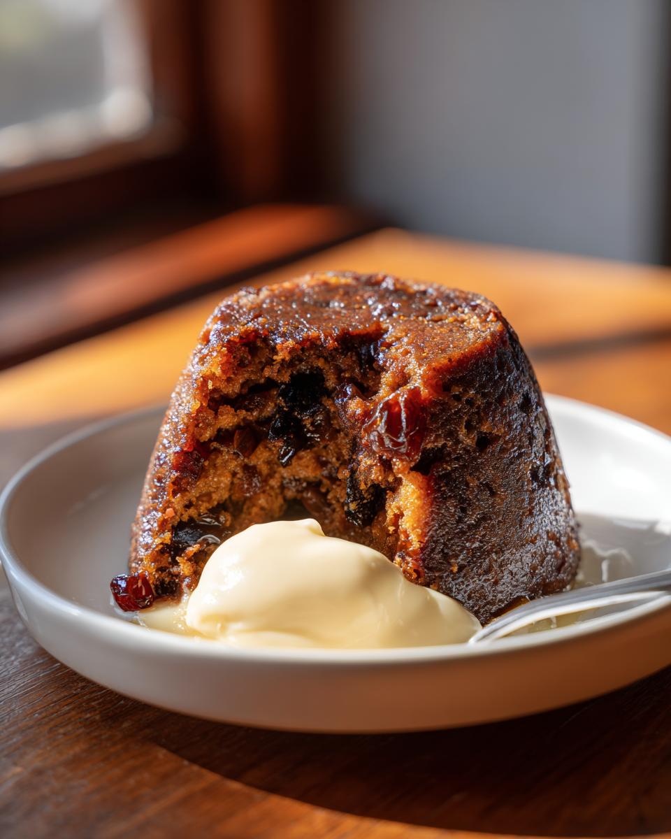 A rich, dark plum pudding with a bite taken out, served with a dollop of cream on a white plate.