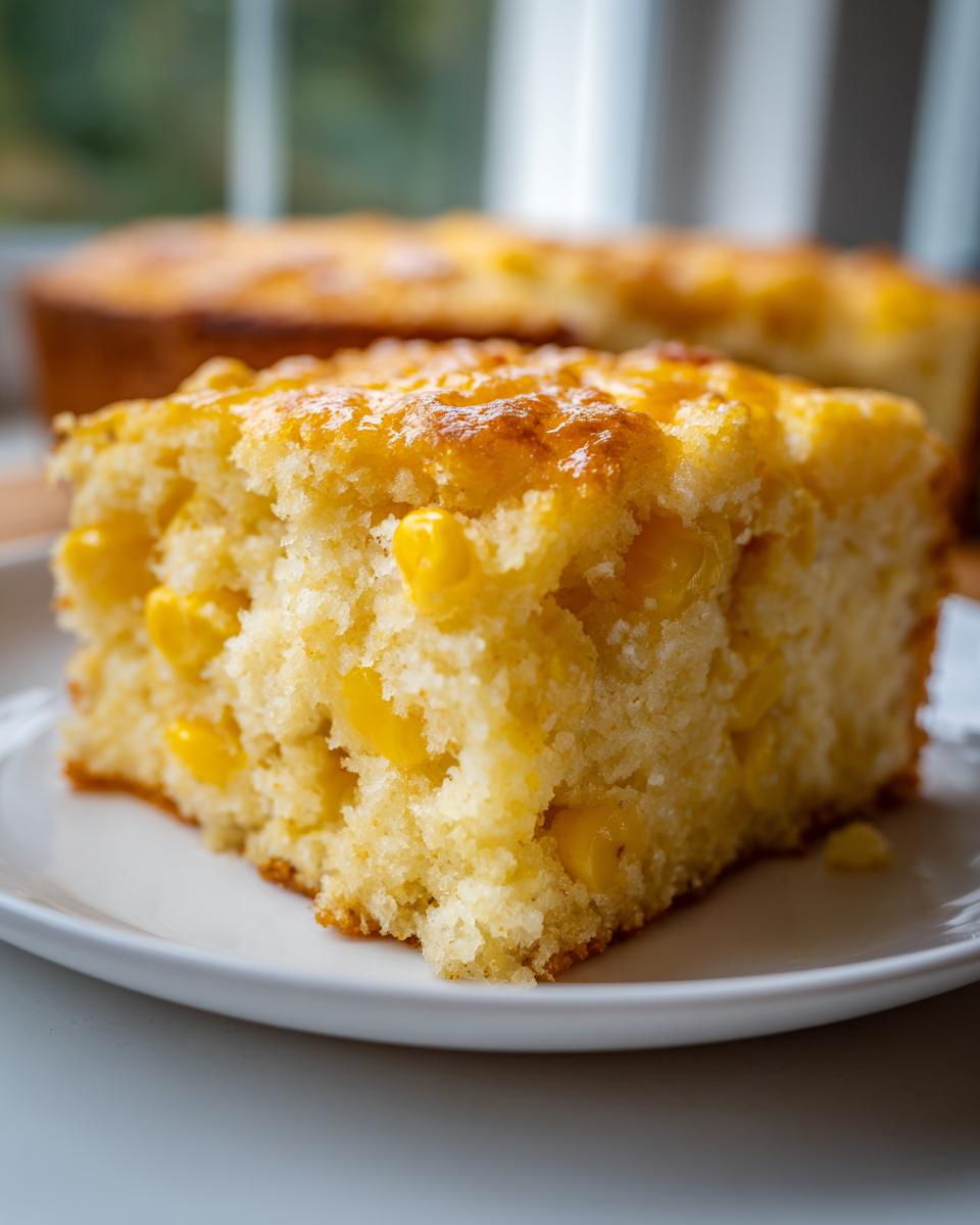 Close-up of a moist slice of cornbread casserole loaded with sweet corn kernels on a white plate.