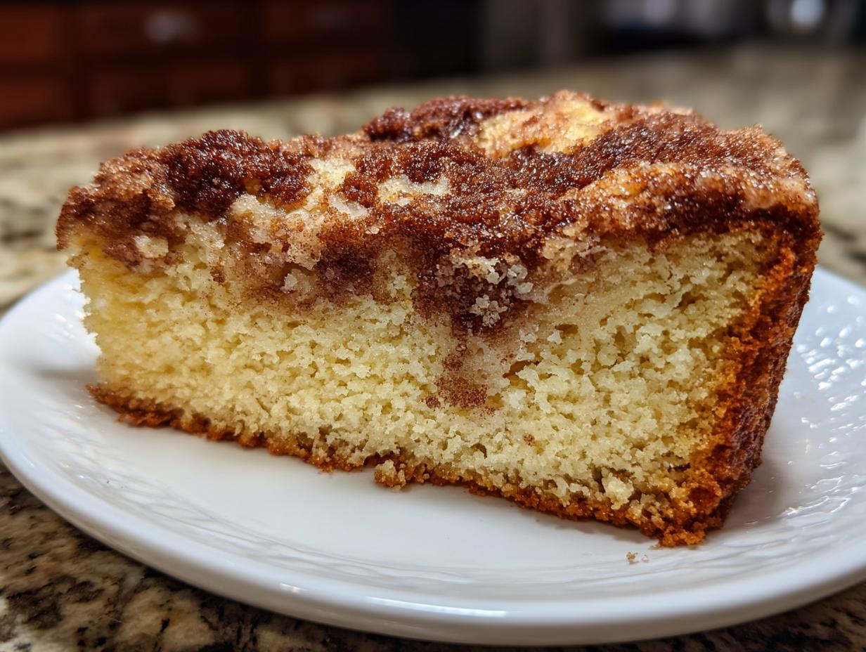 A close-up view of a moist slice of sour cream coffee cake featuring a rich cinnamon streusel topping.