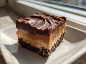 A single square of no bake peanut butter bars showing three distinct layers: dark chocolate topping, peanut butter filling, and a crumbly base.