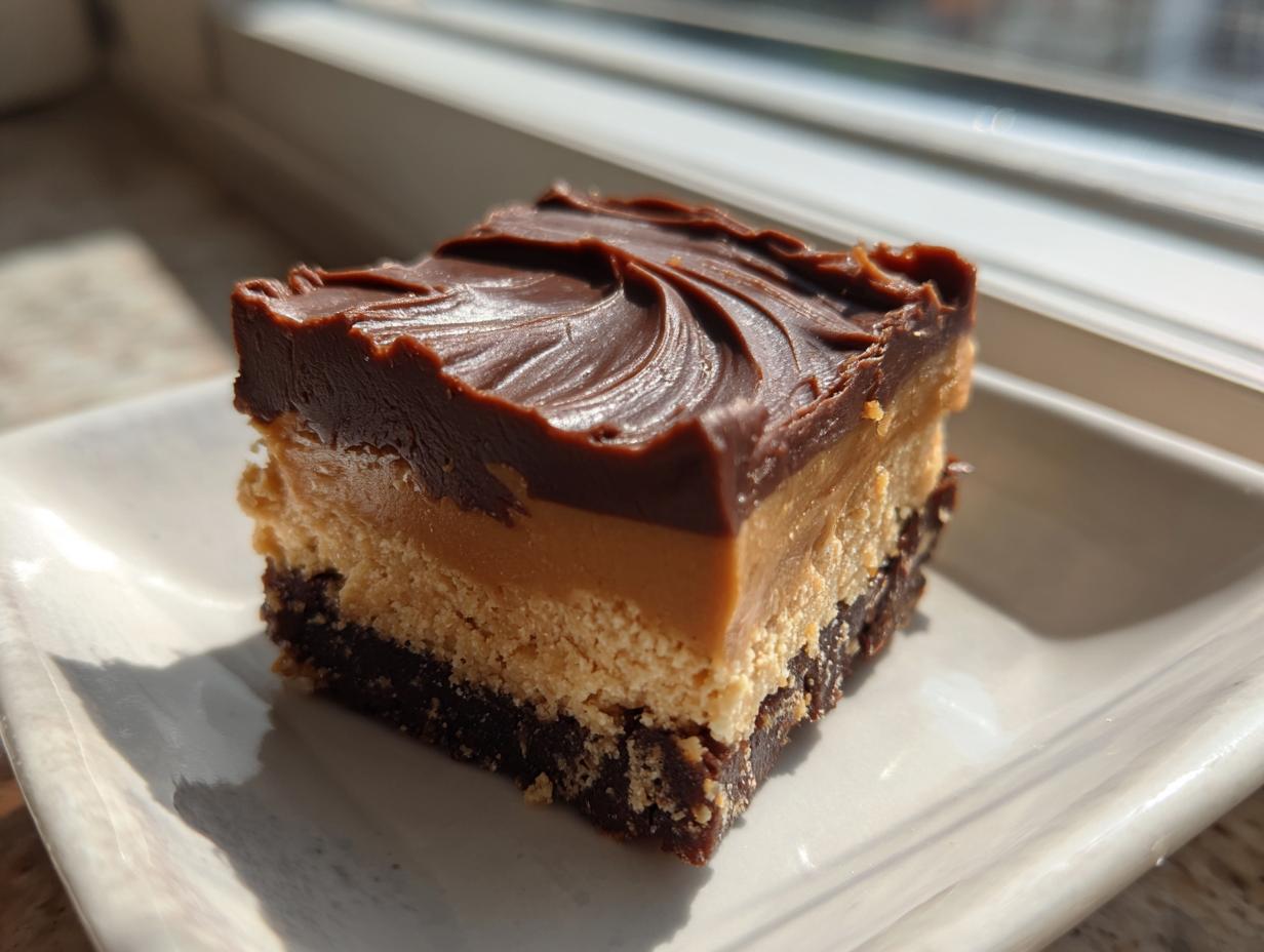 A single square of no bake peanut butter bars showing three distinct layers: dark chocolate topping, peanut butter filling, and a crumbly base.