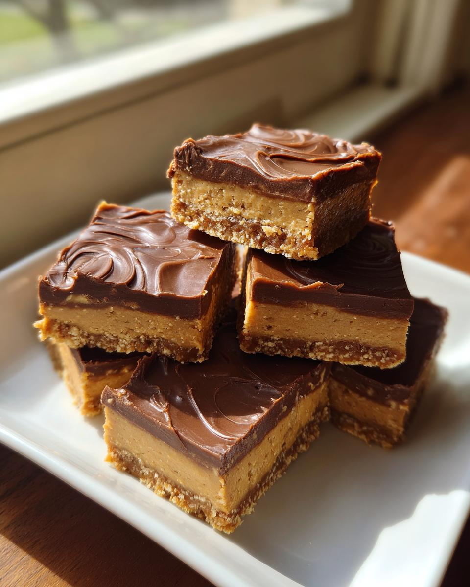 A stack of rich, layered no bake peanut butter bars topped with swirled chocolate ganache, sitting on a white plate.