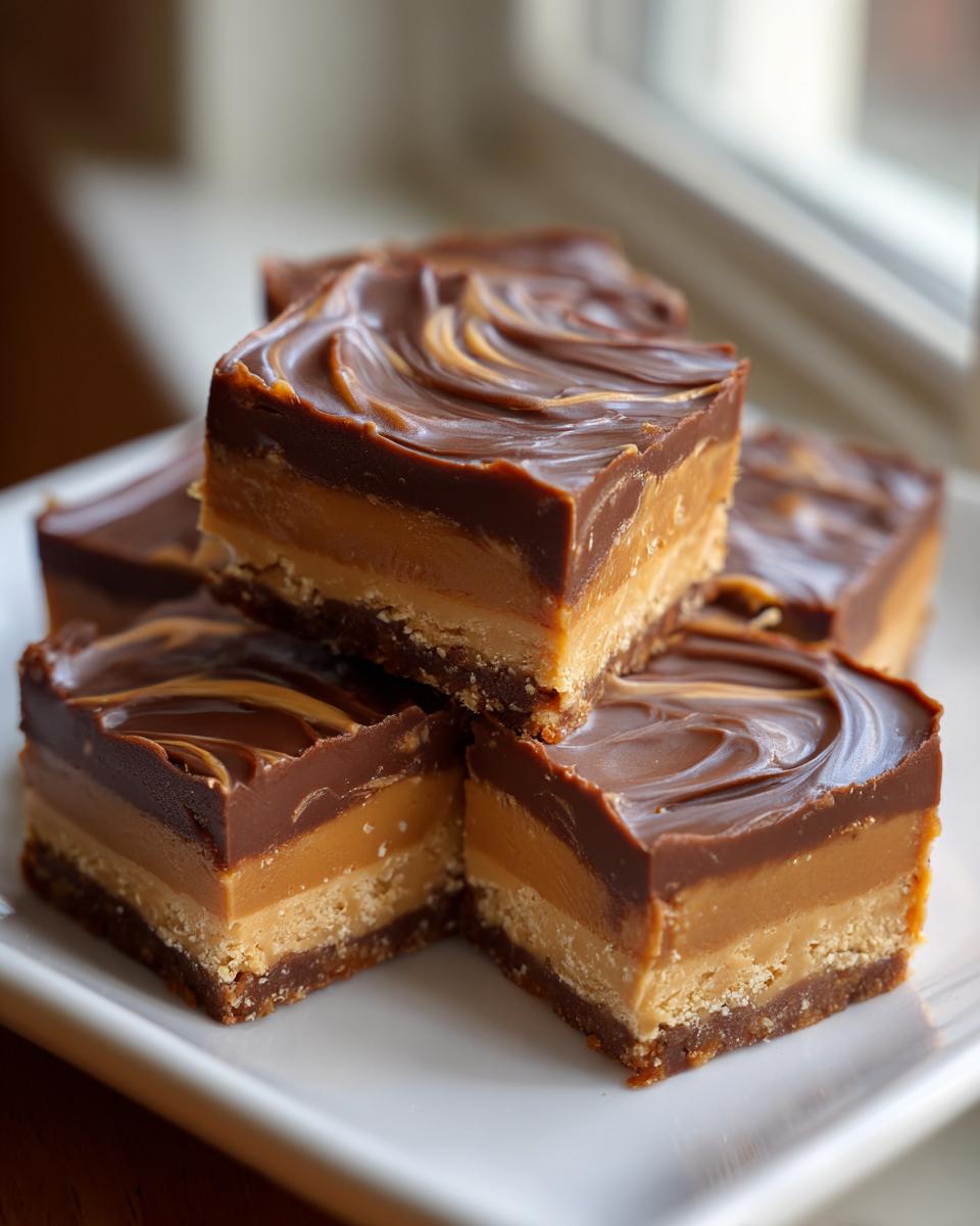 Four decadent, layered no bake peanut butter bars with chocolate topping stacked on a white plate.