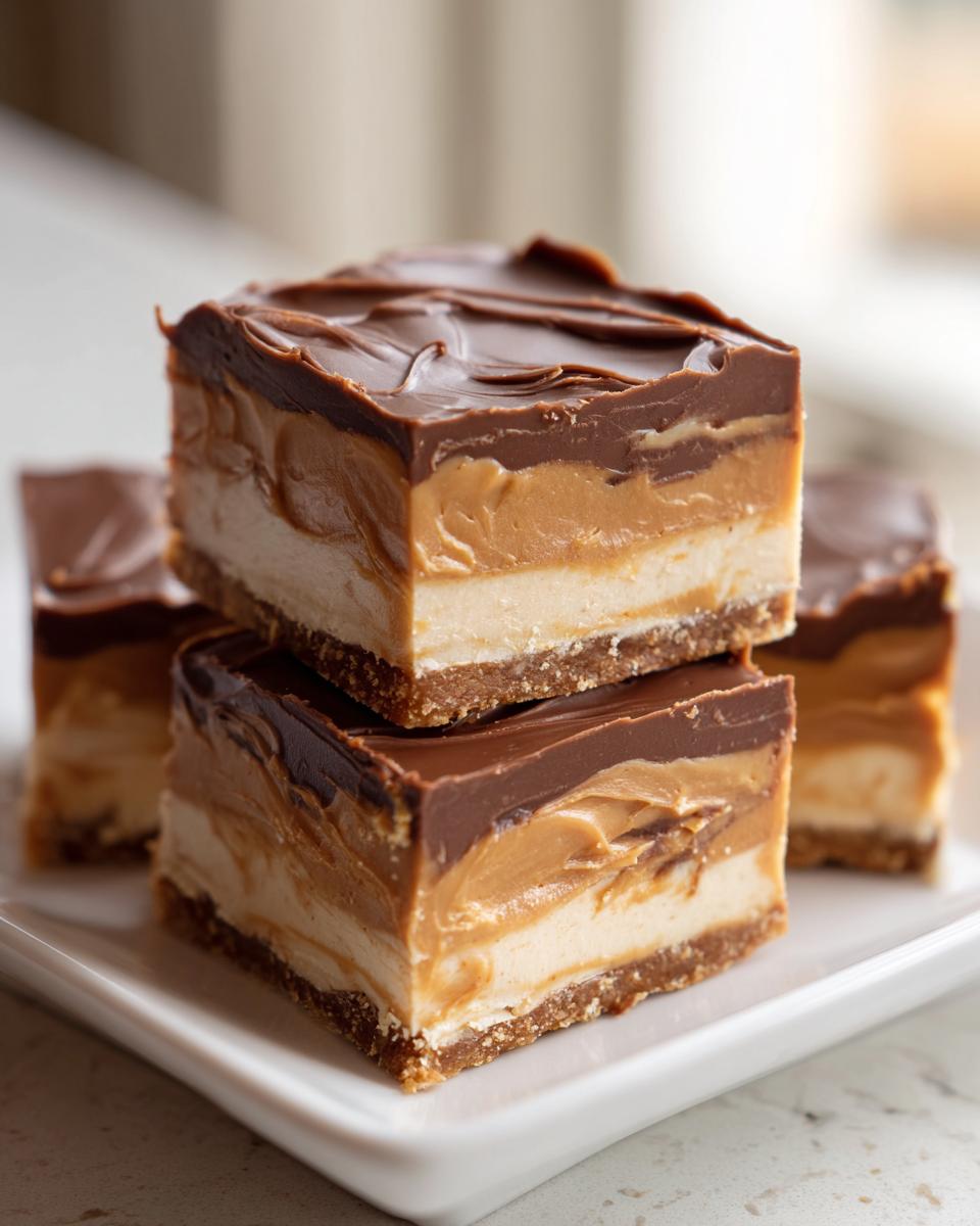 Close-up of stacked, layered no bake peanut butter bars featuring a crust, creamy layer, peanut butter layer, and chocolate topping.