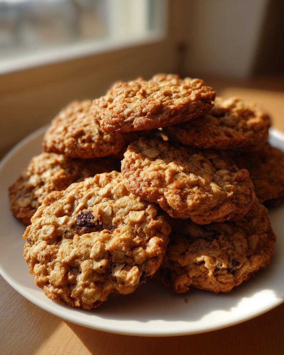 A close-up stack of freshly baked, golden brown oatmeal breakfast cookie piled on a white plate near a window.