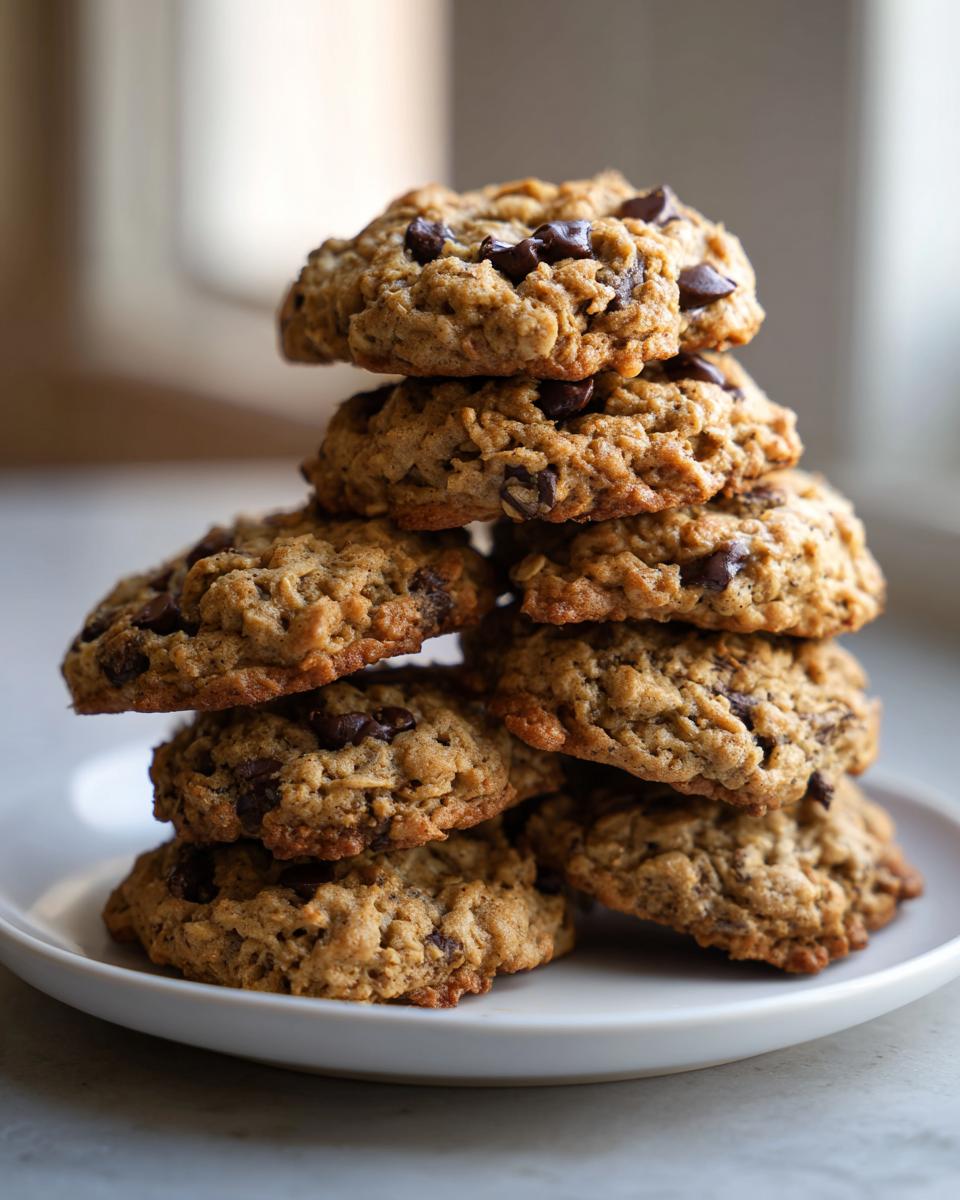 A tall stack of six homemade oatmeal chocolate chip breakfast cookie on a white plate.