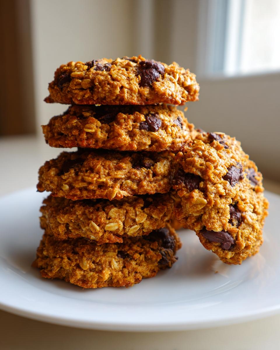 A stack of five golden-brown, hearty breakfast cookie treats loaded with oats and chocolate chips on a white plate.