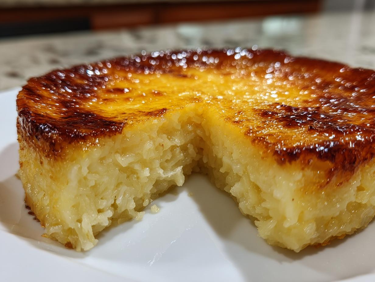 A close-up of a rich, golden-brown topped cassava cake sitting on a white plate with a piece removed.