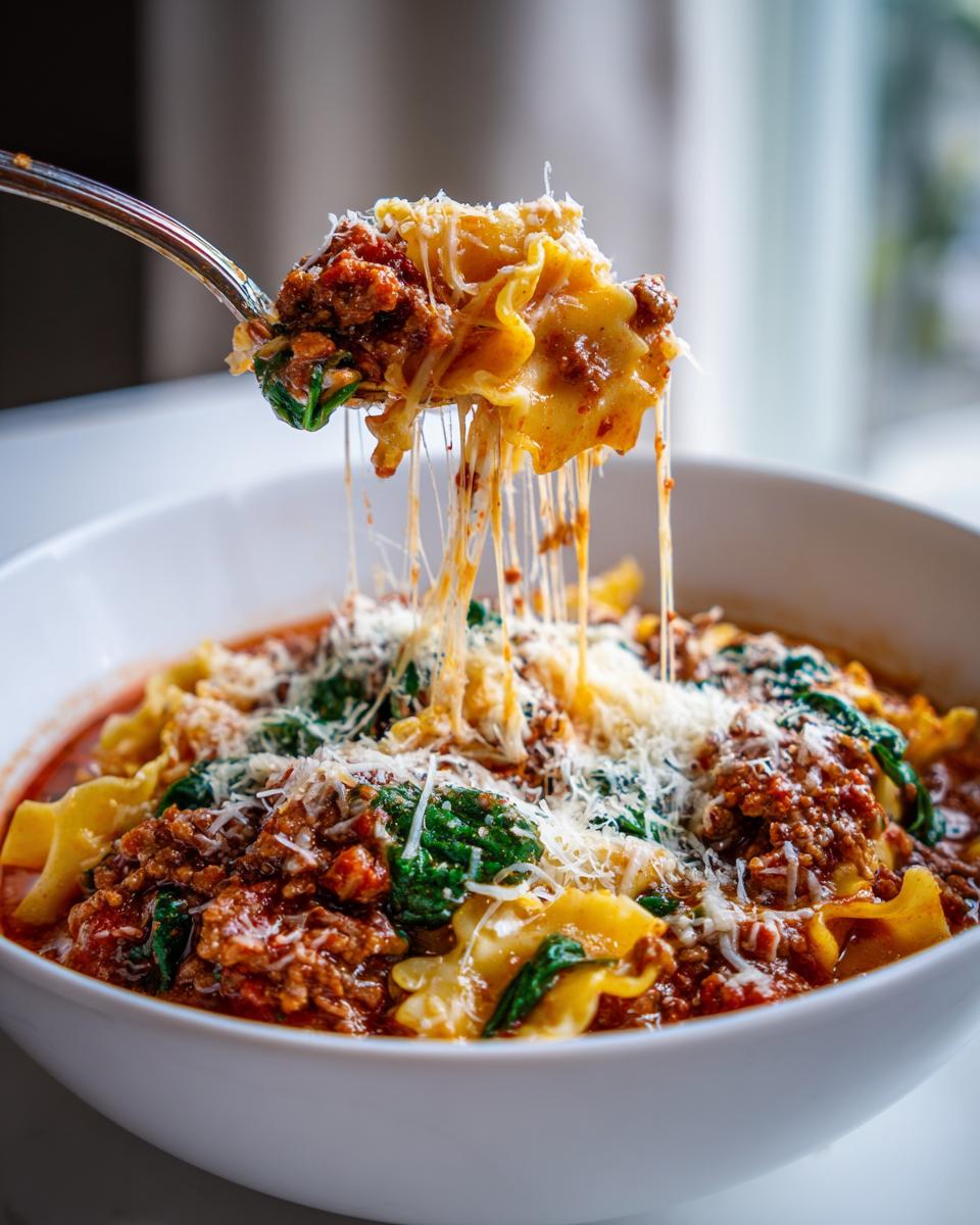 A spoonful of rich one pot lasagna soup lifted from a bowl, showing melted cheese strings, meat sauce, pasta, and spinach.