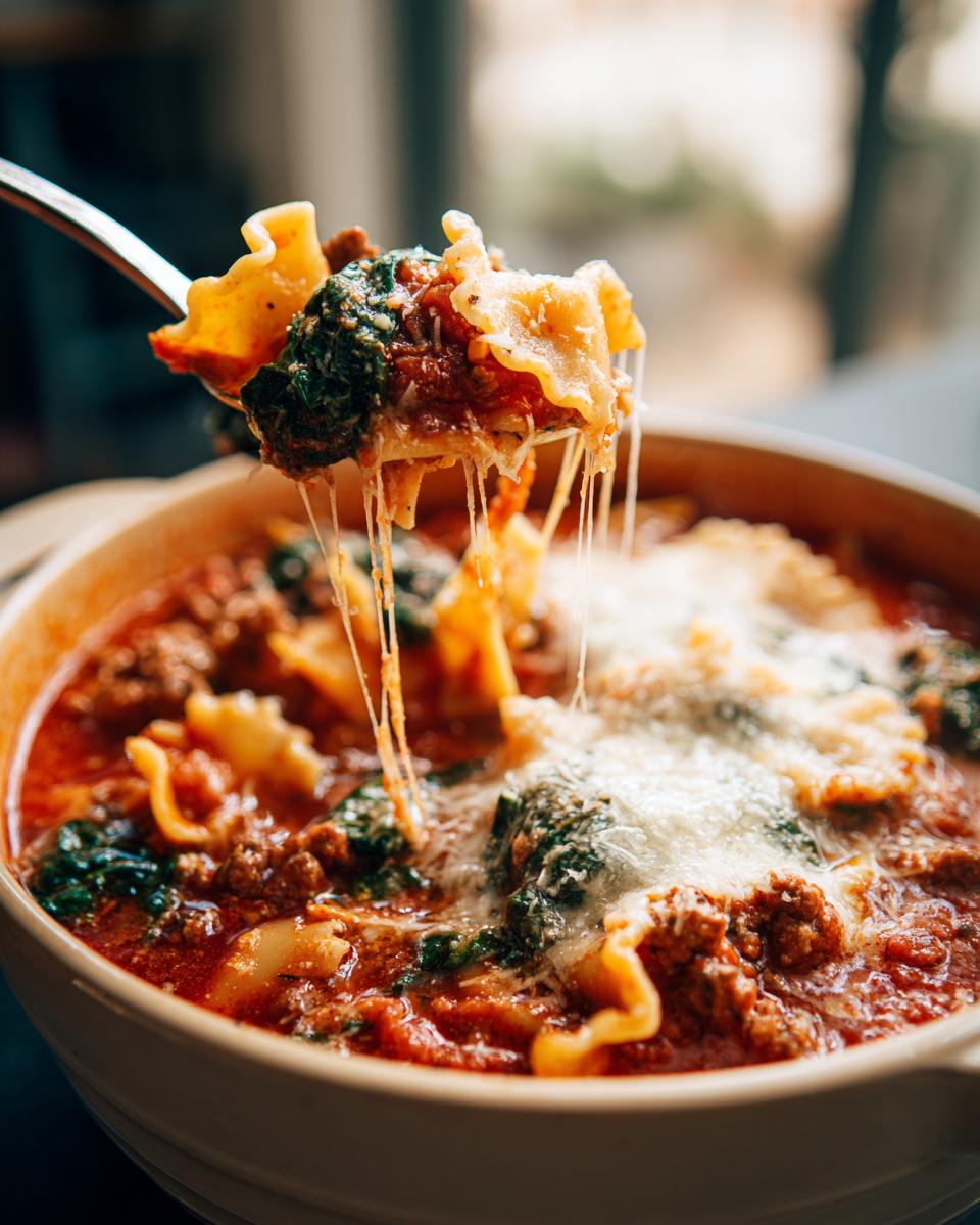 A fork lifts a cheesy, saucy bite of one pot lasagna soup, showing melted cheese strings.