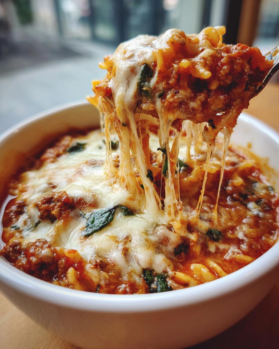 A spoonful of rich one pot lasagna soup showing incredible cheese pull over a bowl of saucy pasta.