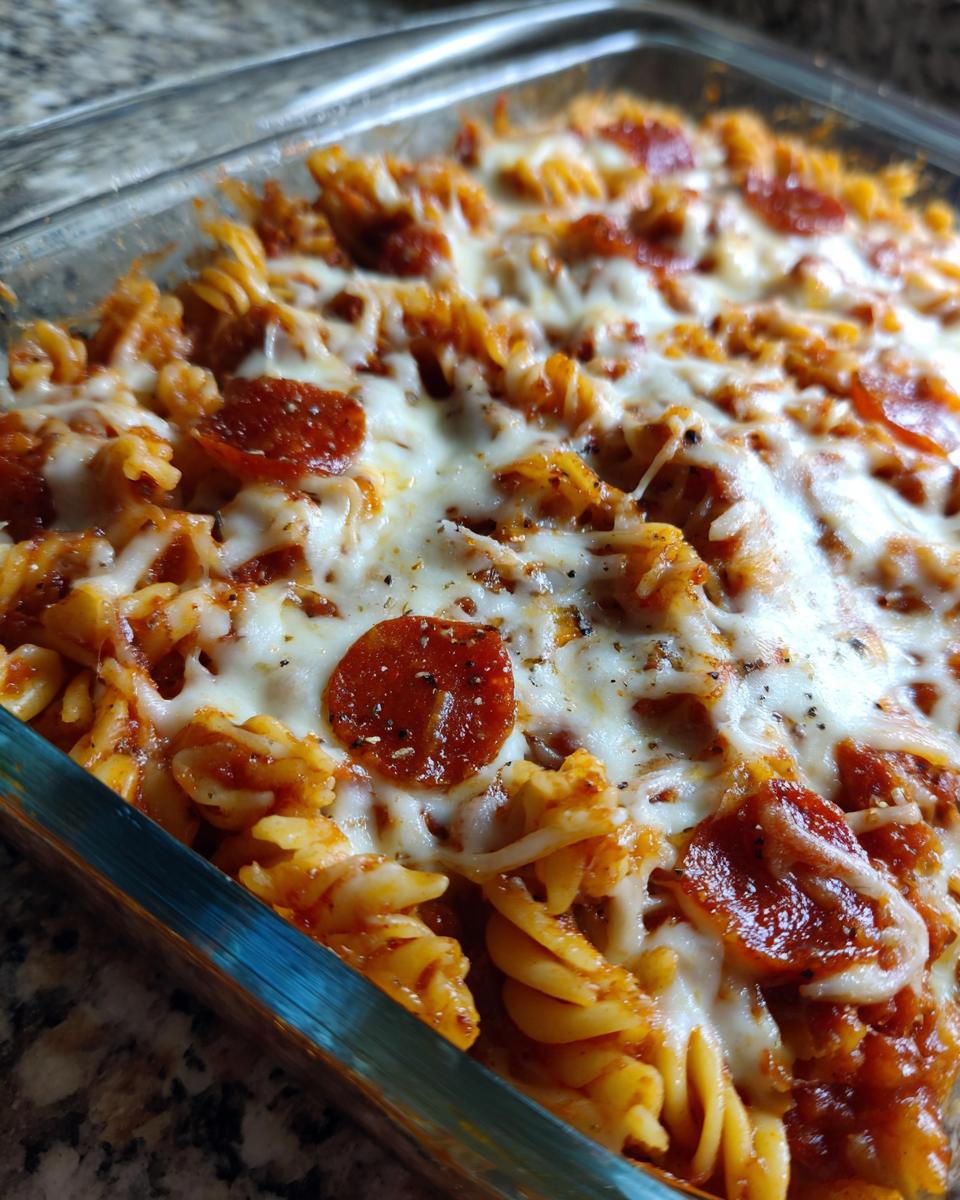 Close-up of baked pizza pasta with melted mozzarella cheese and pepperoni slices in a clear glass baking dish.