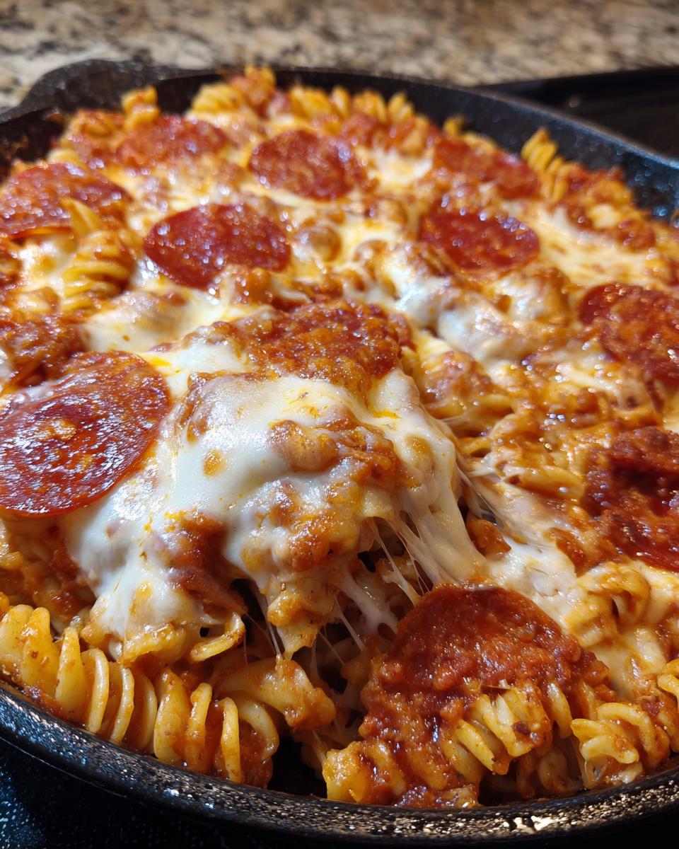 Close-up of baked pizza pasta with melted mozzarella cheese and pepperoni slices in a black skillet.