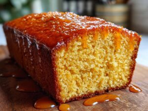 Close-up of a freshly baked orange juice cake loaf with a thick, dripping orange glaze on a wooden board.
