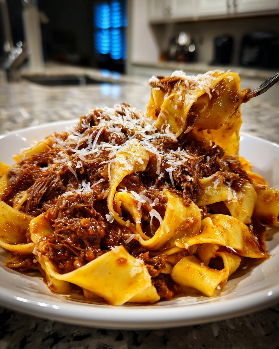 A close-up of pappardelle pasta generously topped with rich beef ragu and grated Parmesan cheese, with a fork lifting a bite.