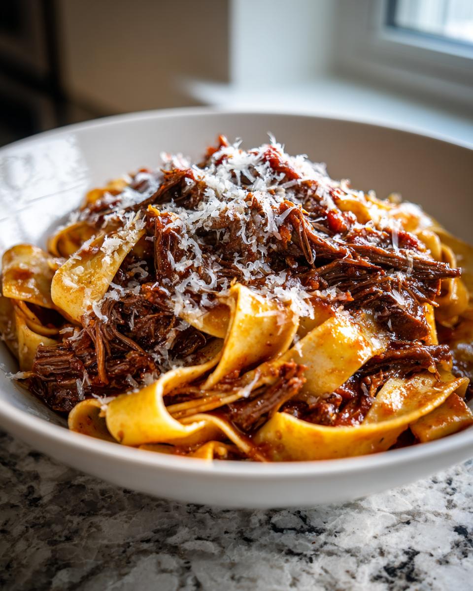 A close-up of wide pappardelle pasta topped with shredded beef ragu and grated Parmesan cheese.