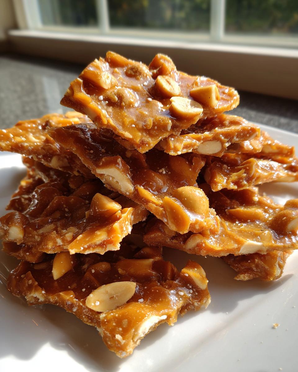 A stack of broken, glossy pieces of homemade peanut brittle recipe, rich with whole peanuts.