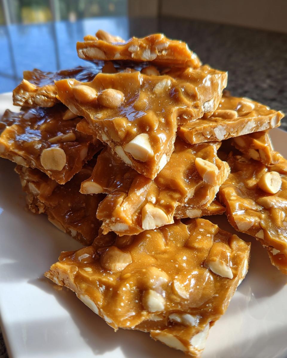 A pile of golden, glossy pieces of homemade peanut brittle recipe scattered on a white plate.