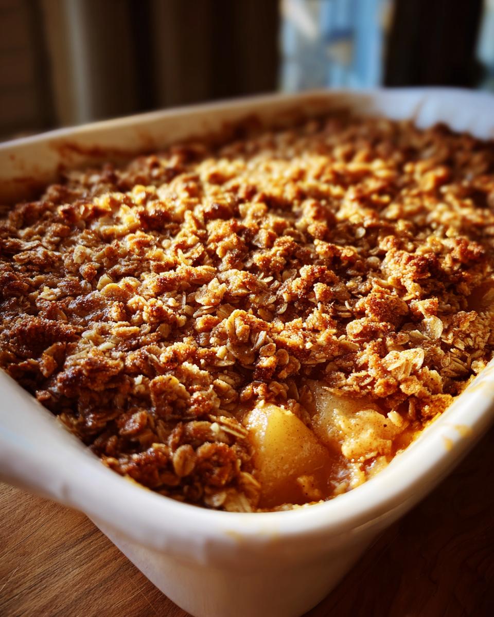 Close-up of a freshly baked pear crisp in a white dish, showing a golden, buttery oat crumble topping.