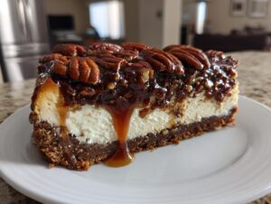 A decadent slice of pecan pie cheesecake topped with whole pecans and dripping with caramel sauce.