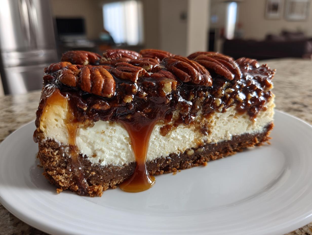 A decadent slice of pecan pie cheesecake topped with whole pecans and dripping with caramel sauce.
