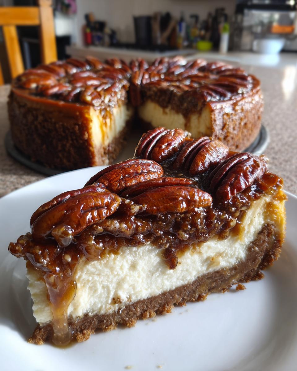 A close-up slice of pecan pie cheesecake showing a graham cracker crust, creamy filling, and glossy pecan topping.