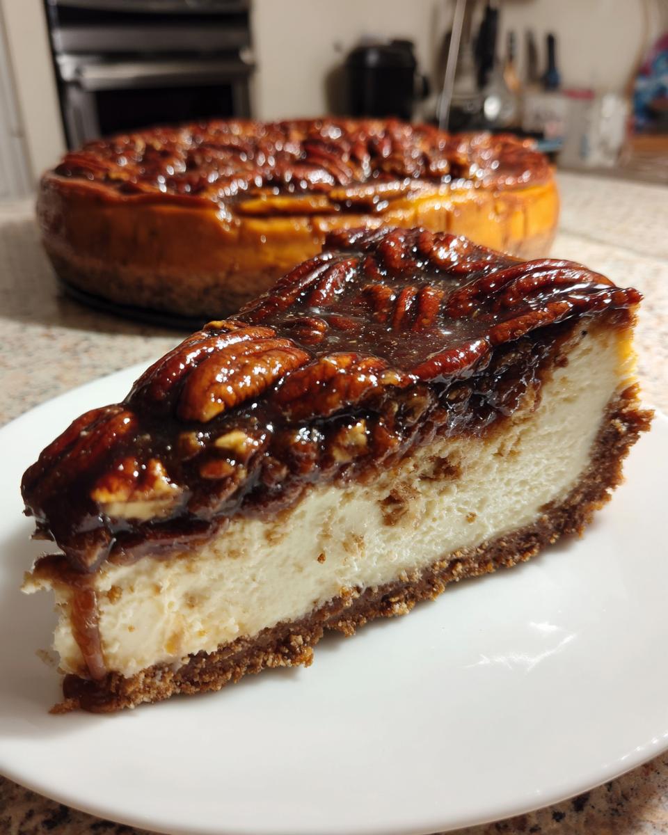 A close-up slice of pecan pie cheesecake showing a thick, creamy layer and a glossy pecan topping.