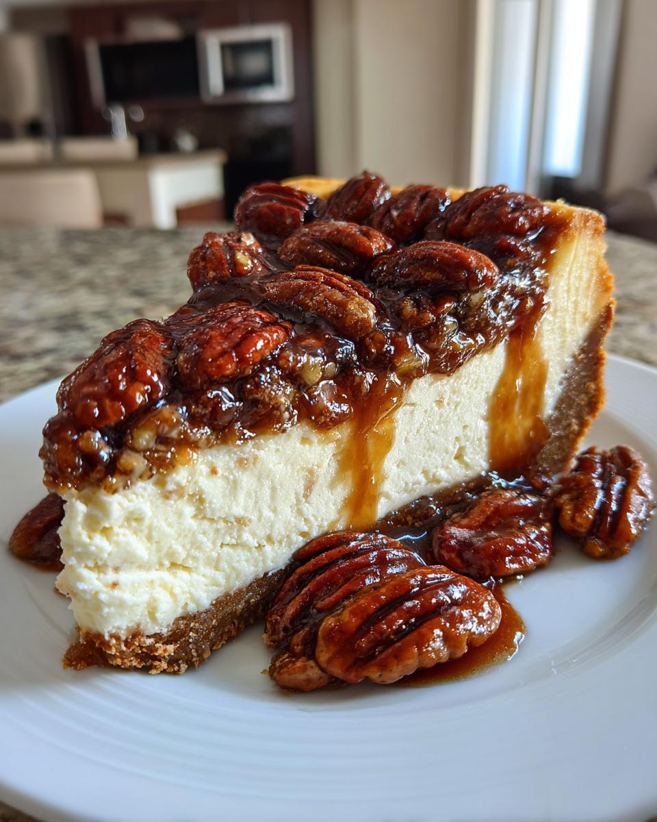 A decadent slice of pecan pie cheesecake topped with glazed pecans and caramel sauce.