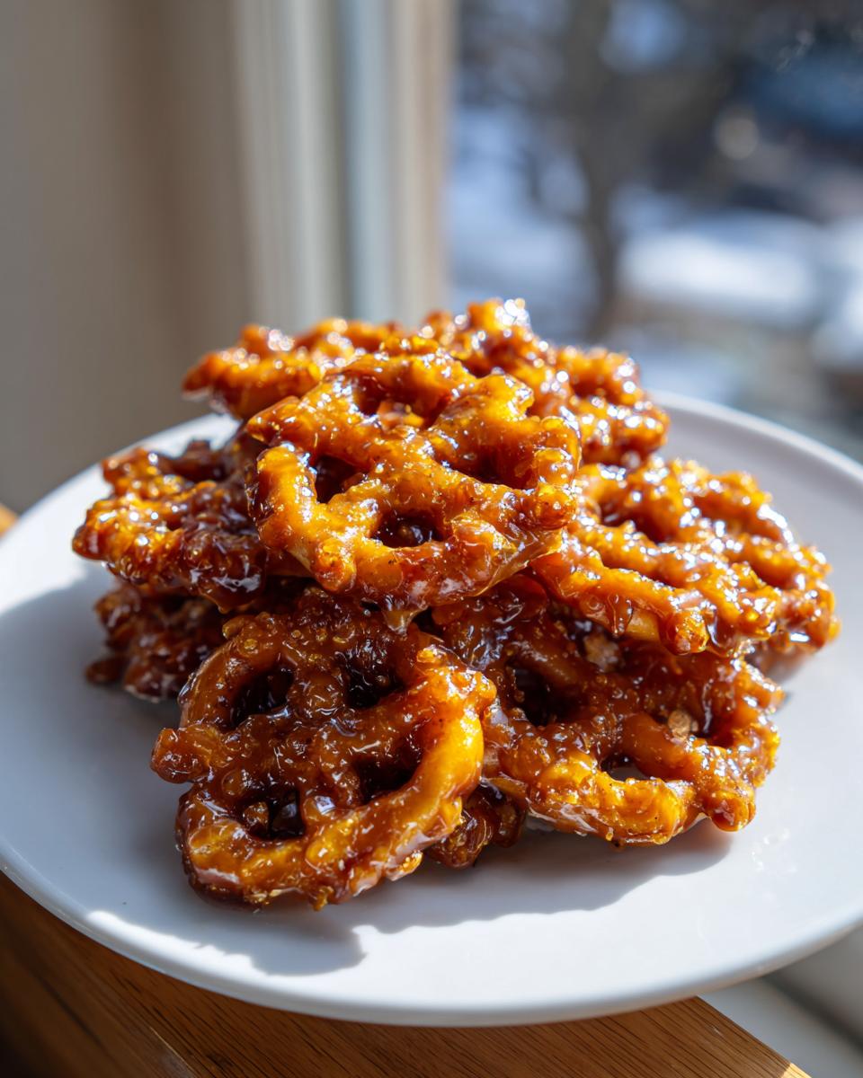 A close-up stack of crunchy, glossy toffee pretzels piled high on a white plate, catching sunlight.