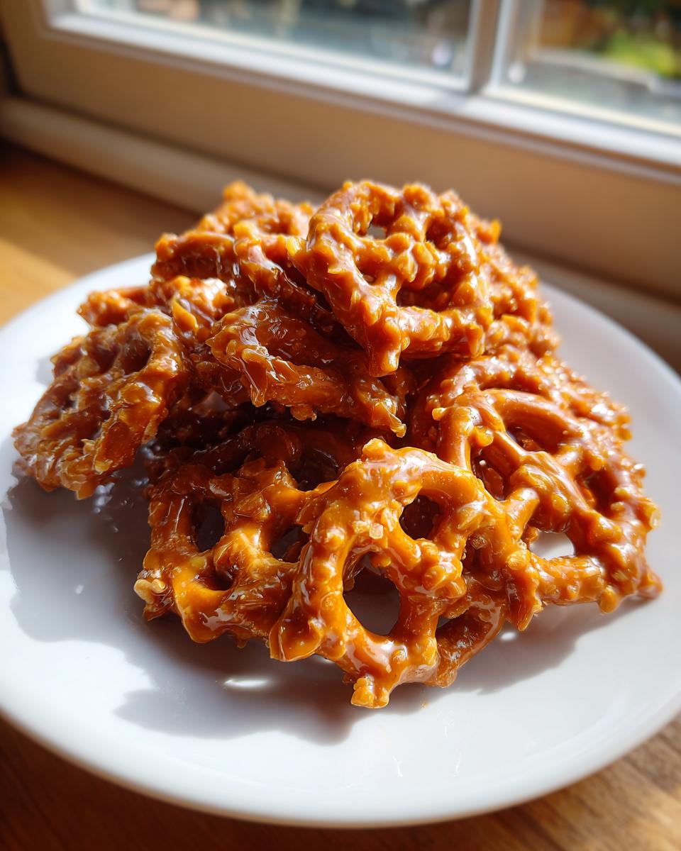 A close-up of a pile of homemade toffee pretzels coated in shiny caramel sitting on a white plate near a window.