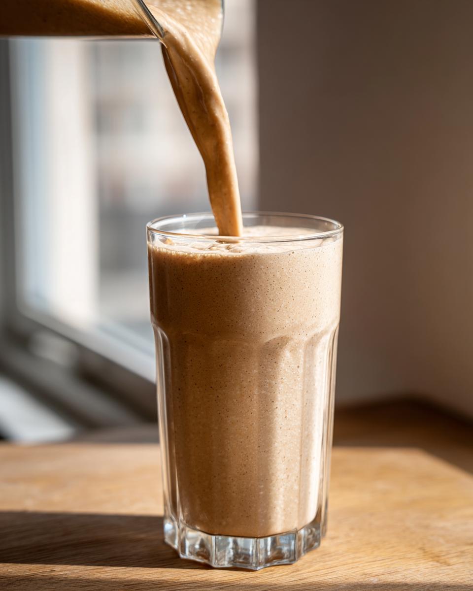 A thick, brown banana smoothie being poured from a blender into a tall glass on a wooden surface.