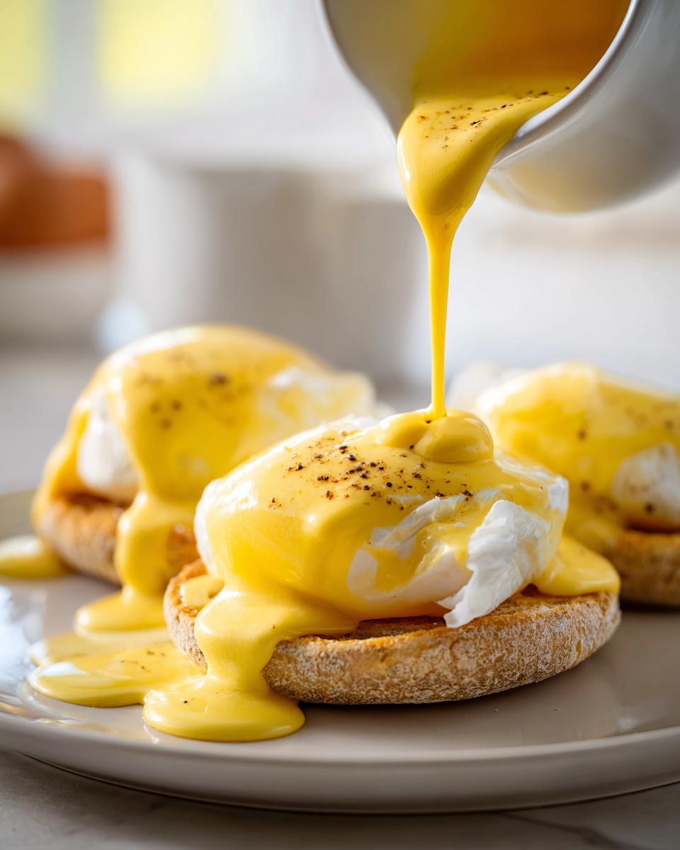 A close-up of rich, yellow hollandaise sauce being poured from a white pitcher onto poached eggs on English muffins.