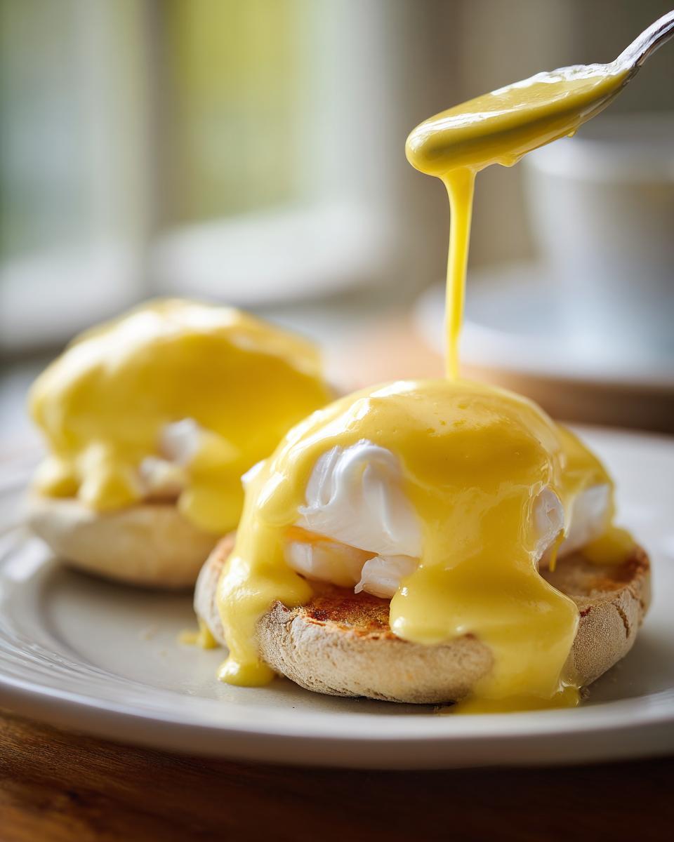 A spoonful of bright yellow hollandaise sauce is being poured over a poached egg on an English muffin, making Eggs Benedict.
