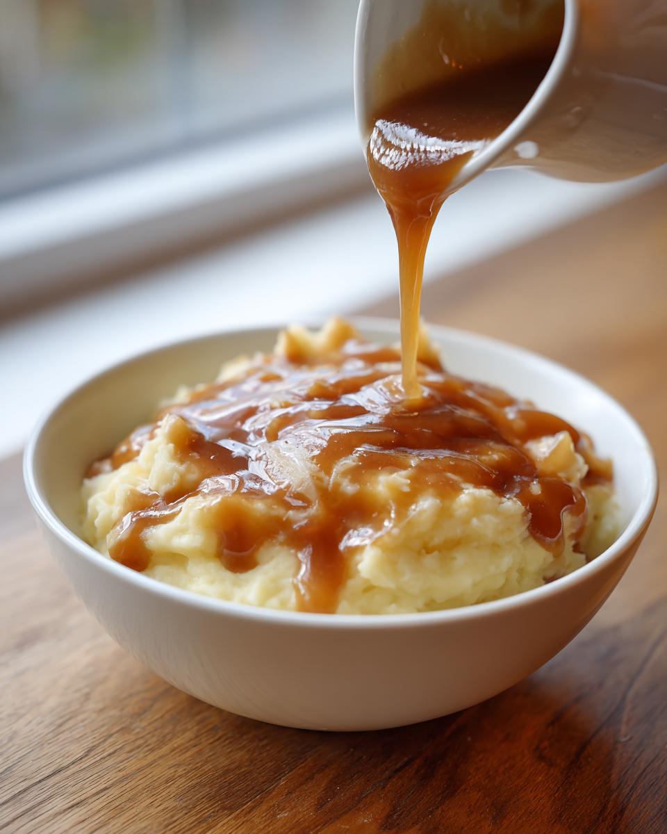 A close-up of rich homemade brown gravy being poured from a white pitcher onto a bowl of fluffy mashed potatoes.