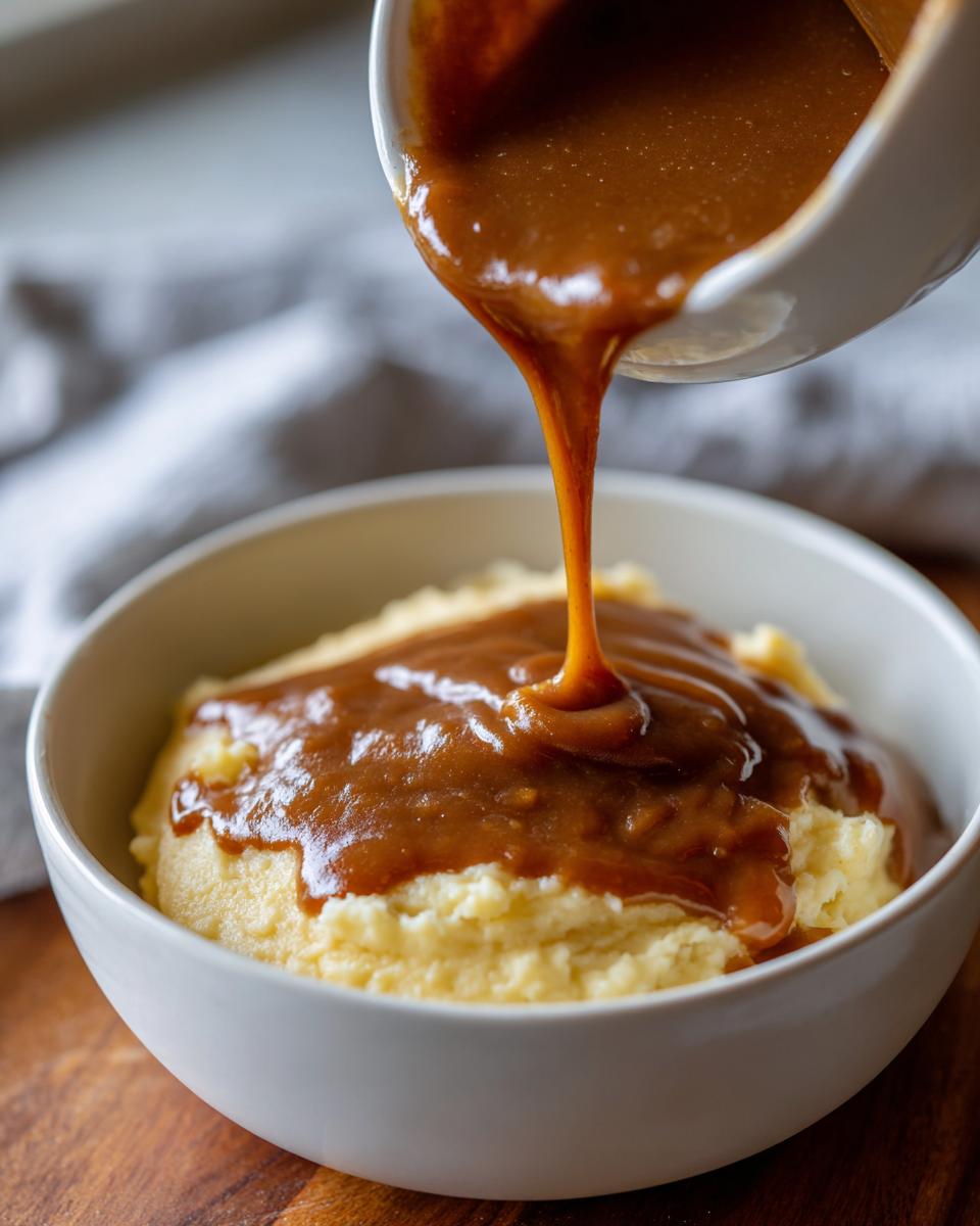 Thick, rich homemade brown gravy being poured from a white pitcher onto a bowl of creamy mashed potatoes.