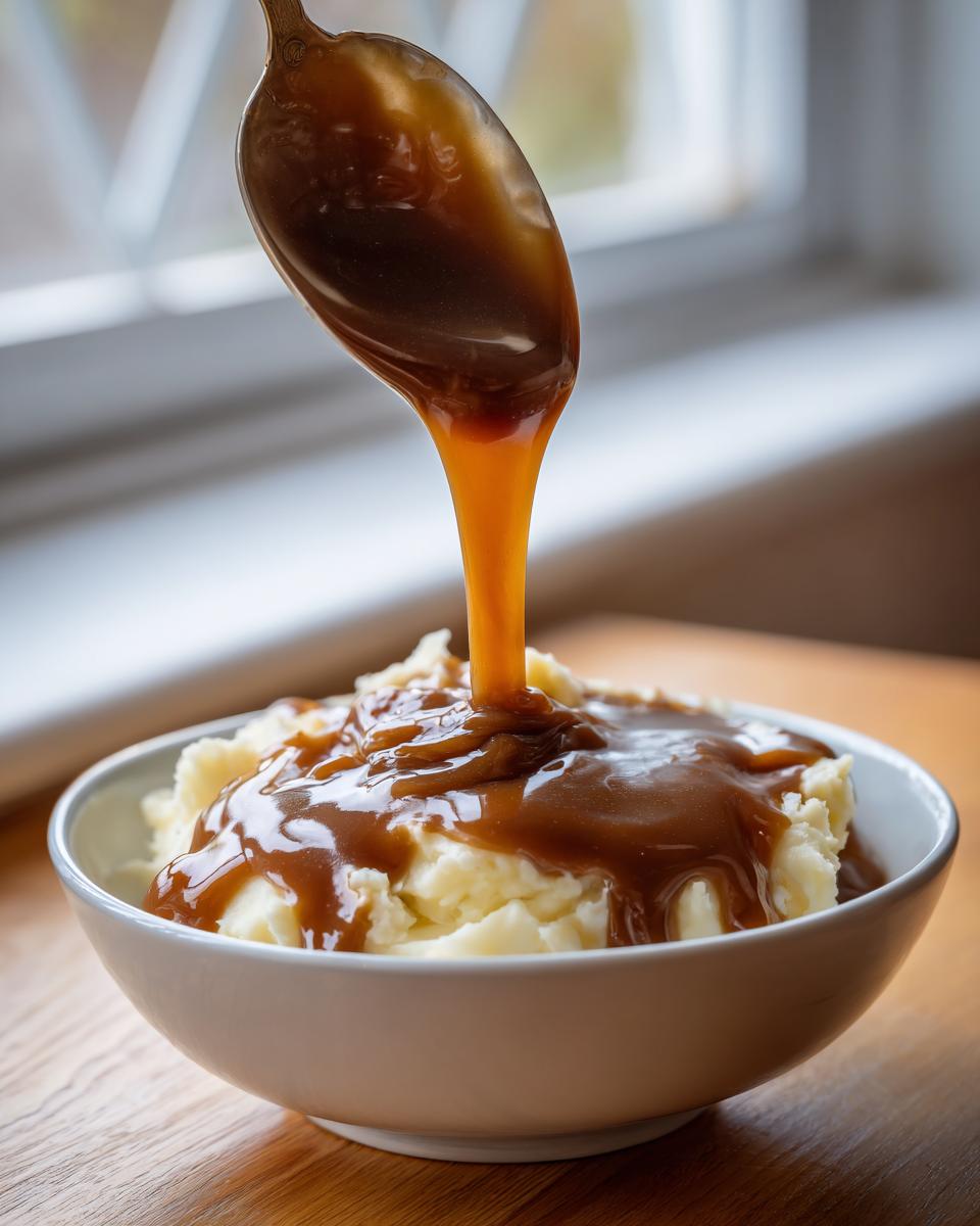 A spoonful of rich, thick homemade brown gravy is being poured over a bowl of fluffy mashed potatoes.