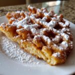 Close-up of a golden brown, freshly fried funnel cake recipe slice heavily dusted with powdered sugar on a white plate.