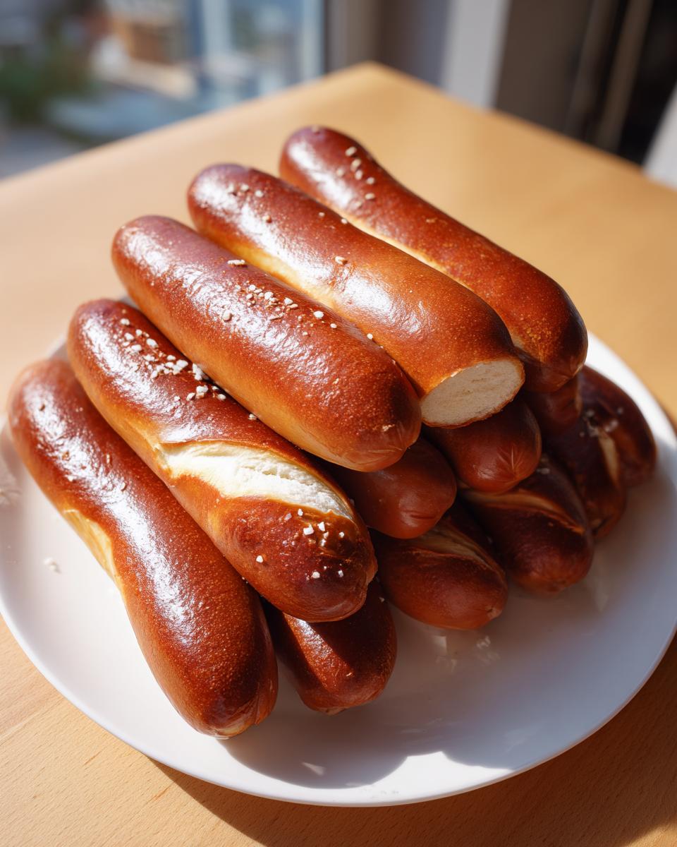 A stack of shiny, dark brown pretzel dogs buns sprinkled with coarse salt, ready for assembly.