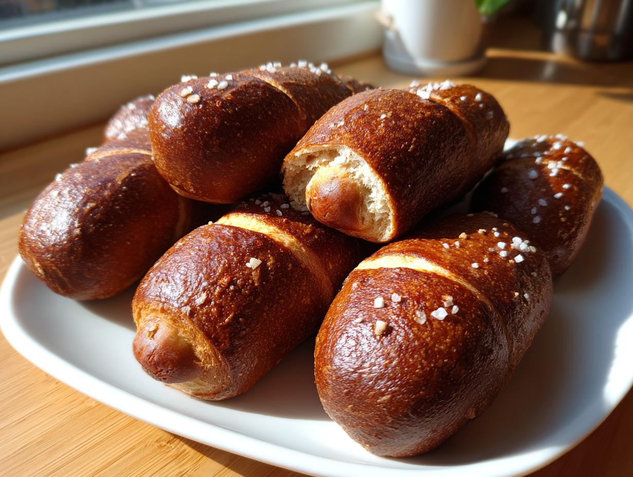 A pile of shiny, dark brown pretzel dogs buns sprinkled with coarse salt on a white plate.