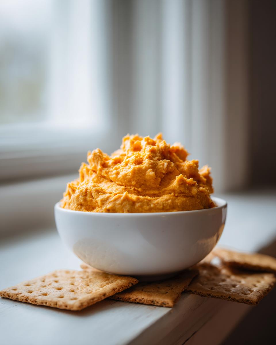 A white bowl filled with bright orange pumpkin fluff, resting on graham crackers near a window.
