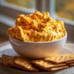 A creamy, orange bowl of pumpkin fluff dessert topped with cinnamon, served with graham crackers.