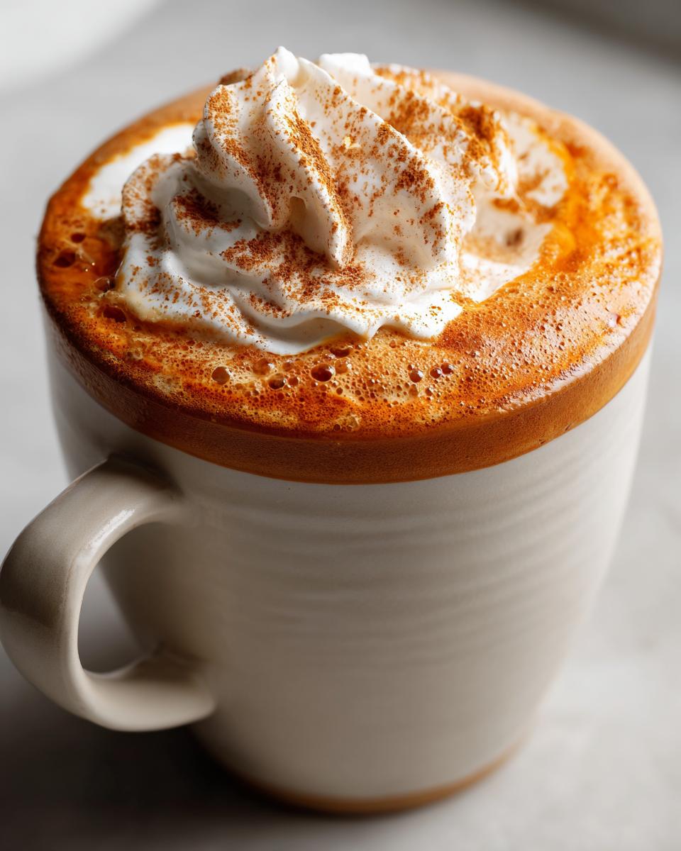 A creamy, rich pumpkin spice latte topped with a swirl of whipped cream and dusted with cinnamon.