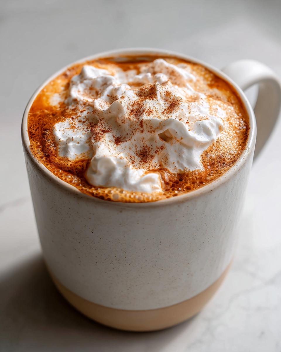 Close-up of a creamy pumpkin spice latte topped with whipped cream and a dusting of cinnamon.