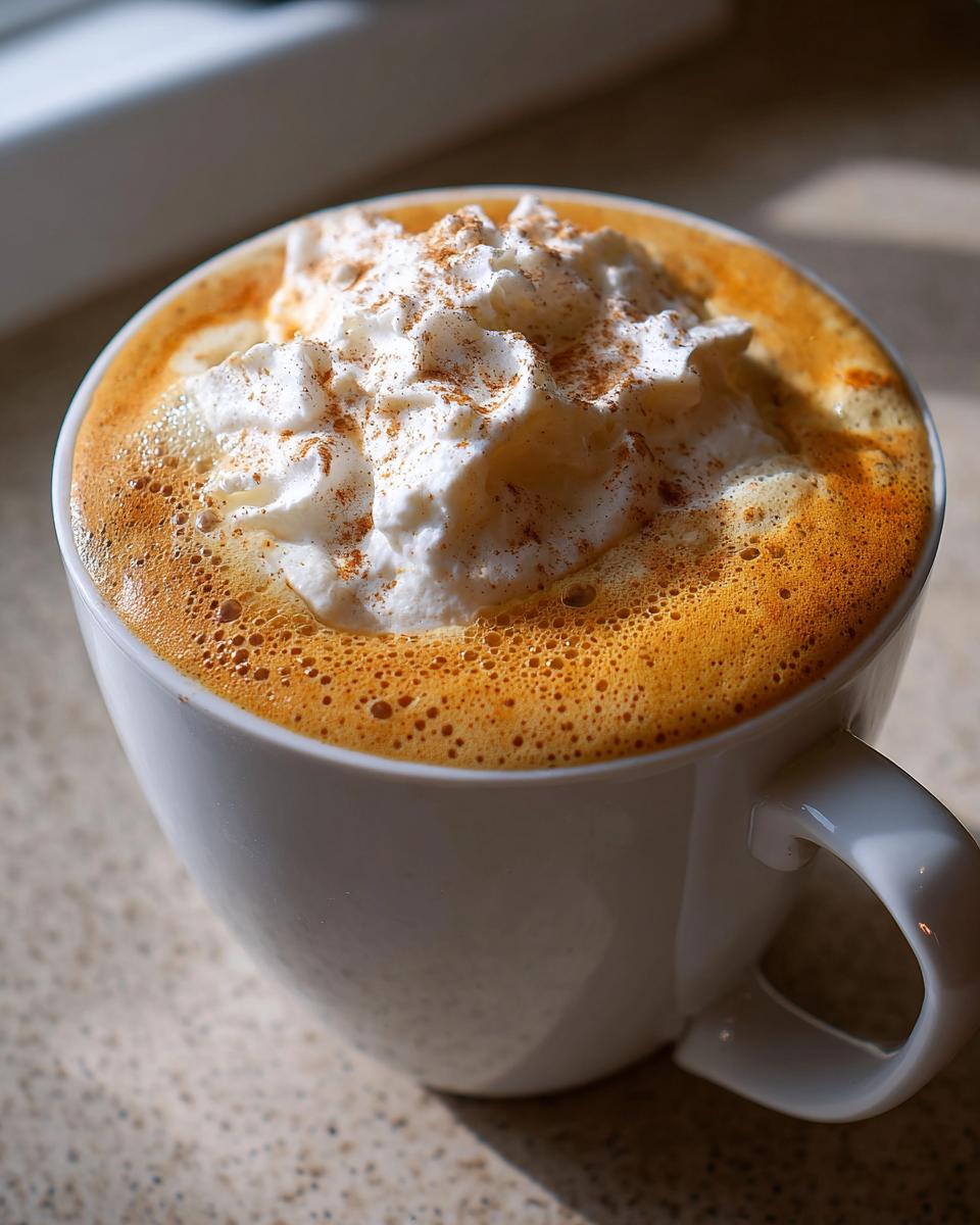A close-up view of a rich, foamy pumpkin spice latte topped with whipped cream and a dusting of cinnamon.