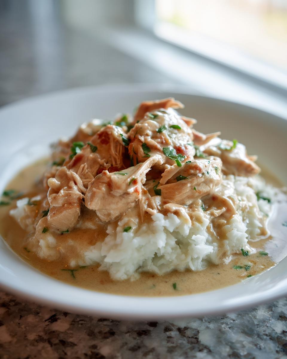 Shredded chicken in creamy gravy served over fluffy mashed potatoes, a perfect chicken and gravy dish.