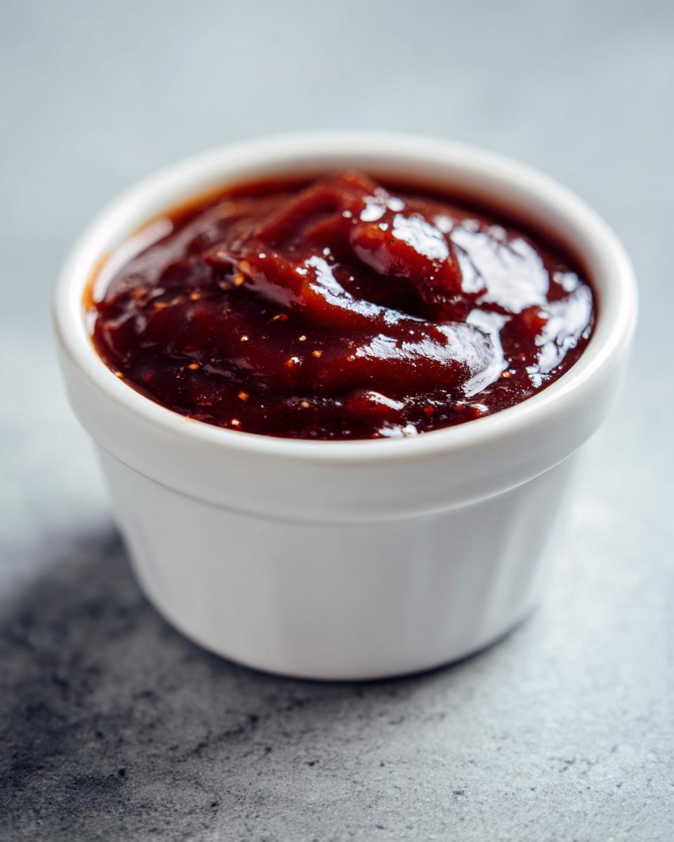 Close-up of thick, dark red homemade bbq sauce served in a small white ramekin on a grey surface.