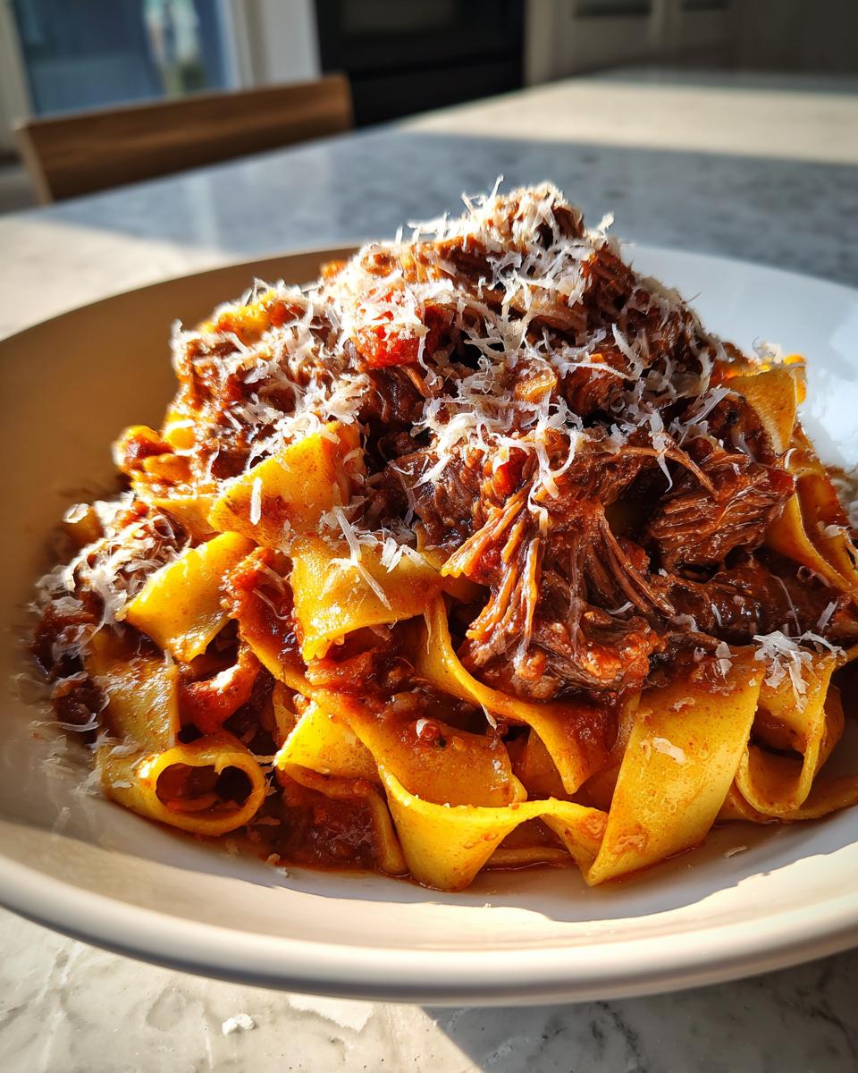 A close-up of wide pappardelle pasta generously topped with rich, slow-cooked beef ragu and grated Parmesan cheese.